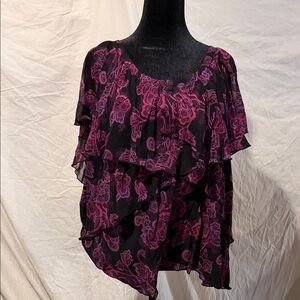 Apt. 9 Black & Magenta Floral Ruffle Blouse
